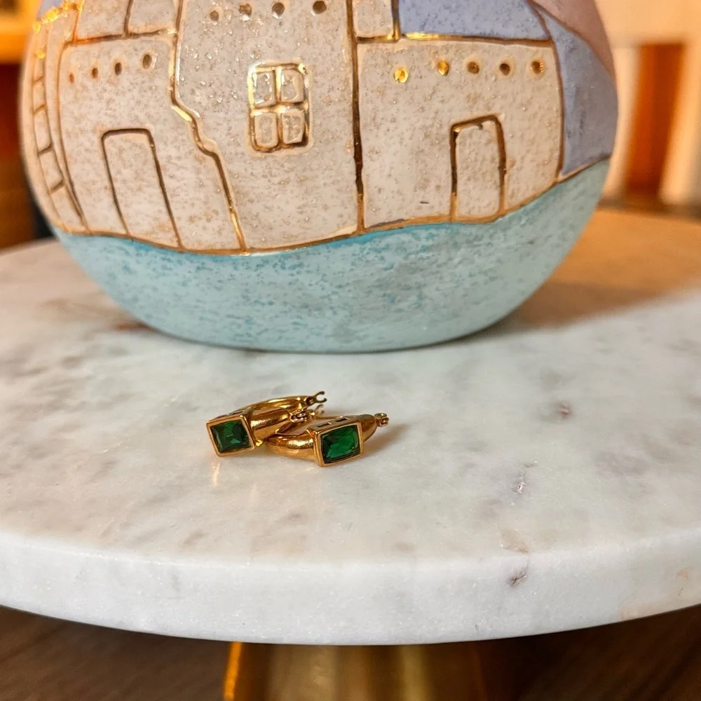 Gold Hoop Earrings with Emerald Green Stone - Picture 2 of 4